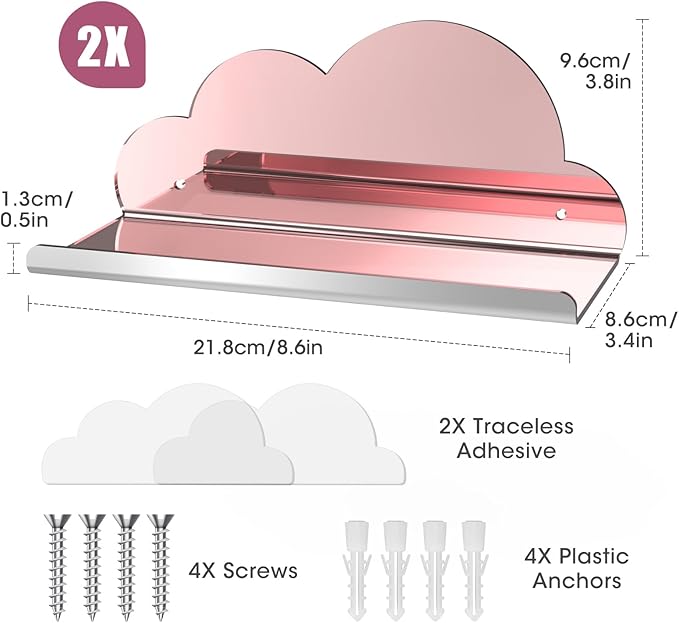 NiHome 2-Pack Rose Gold Mirror Finish Cloud-Shaped Acrylic Floating Shelves - Stylish Wall Decor for Bedrooms, Bathroom Vanity & More - Versatile Mirrored Shelves for Decorative Display and Storage