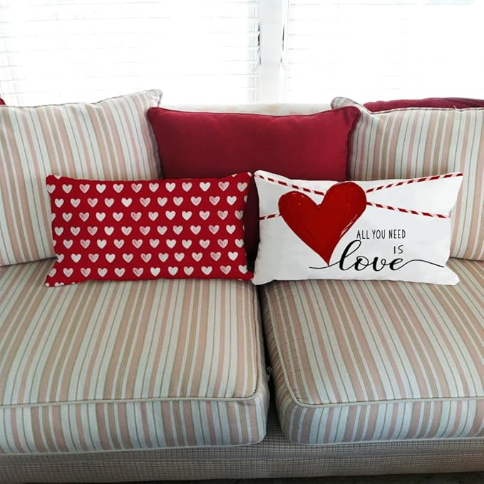 GEEORY Valentines Day Pillow Covers 12 x 20 inch Set of 4 for Valentines Day Decor Red White Stripes Dots Love Heart Throw Pillows Decorative Cushion Cases Valentine Decorations G194-12