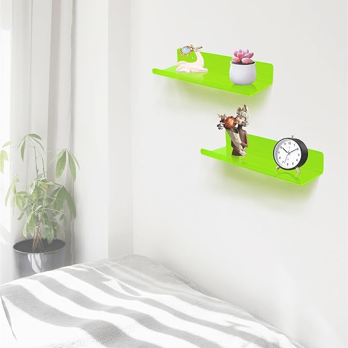 ROYALITA Small Acrylic Shelves Wall Mounted | Set of 2 | 12 Inches | Wall Hanging Plant Display Shelves, Room Decor Floating Wall Shelves for Gaming Room Bedroom, Living Room, Office, Green