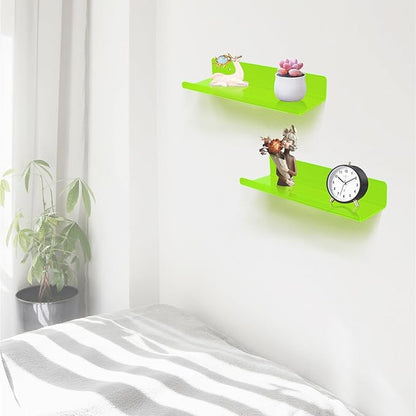 ROYALITA Small Acrylic Shelves Wall Mounted | Set of 2 | 12 Inches | Wall Hanging Plant Display Shelves, Room Decor Floating Wall Shelves for Gaming Room Bedroom, Living Room, Office, Green