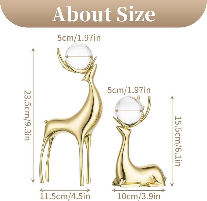 Sziqiqi Brass Reindeer Sculptures Animal Figurine Statues Christmas Deer Pure Copper Heavy Reindeer Ornaments for Home Decor Accents Living Room Office Bookself Tabletop Mantle Decoration