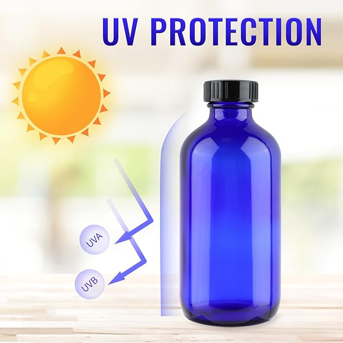 12 Pack 8 oz Cobalt Blue Glass Bottles, 240ml Boston Round Sample Bottles with Black Poly Cone Caps, Labels and Funnels