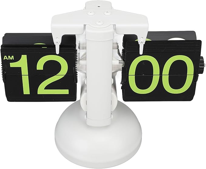 FOSA Flip Clock Retro Mechanical Digital Minimalist 12H Battery Operated Stainless Steel Desk Clock for Home Office Living Room (White Frame Green Number)