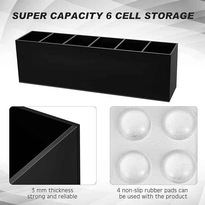 Jetec Acrylic Pen Holder 6 Compartments Makeup Brush Stationery Organizer Pencil Holder for Desk Accessories, Cosmetic Brushes, Dorm, Home, Bathroom, Kitchen, Office Supplies(Black)