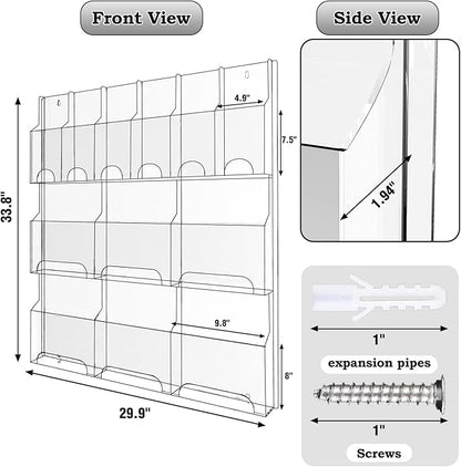 Acrylic Brochure Pamphlet Holder, 6 Magazine Holders and 6 Pamphlet Holders, Clear Brochure Display Stand Wall Mount, Trifold Flyer Rack, Literature Storage Rack for Home, Offices, Waiting Room