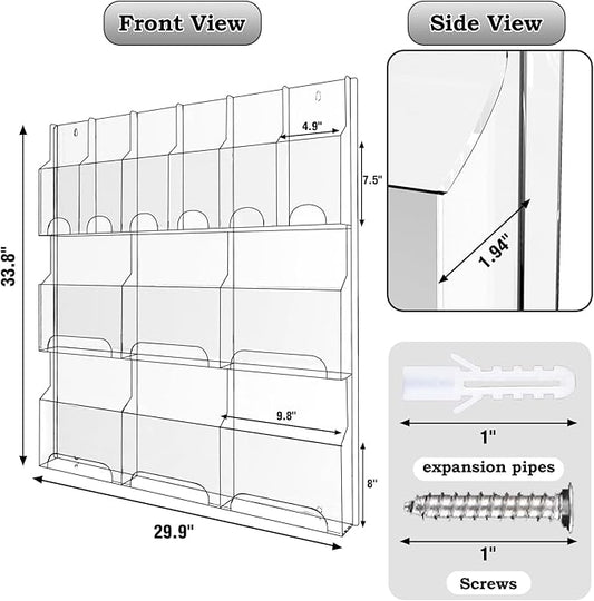 Acrylic Brochure Pamphlet Holder, 6 Magazine Holders and 6 Pamphlet Holders, Clear Brochure Display Stand Wall Mount, Trifold Flyer Rack, Literature Storage Rack for Home, Offices, Waiting Room