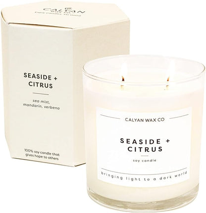 Calyan Wax Co. Seaside & Citrus 2 Wick Scented Candle - 37 Hour Burn - Luxury Non Toxic Soy Wax Candles - Long Lasting Large Glass Jar Candle for Home - 8.8oz