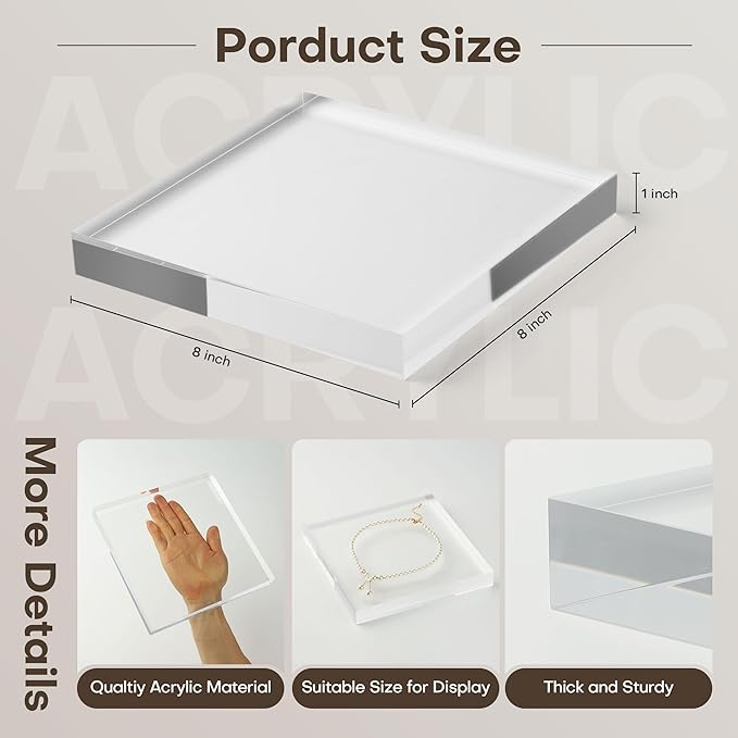 Clear Acrylic Display Block – Solid Polished Plexiglass Riser for Jewelry, Figurines, Retail Showcase & Home Decor – Sturdy Acrylic Cube Stand (8" x 8" x 1")