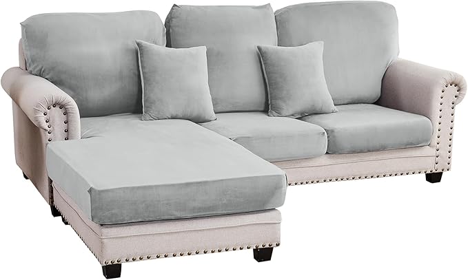Couch Cover 3-Piece Elastic Velvet Couch Cushion Covers & Chaise Slipcovers for L-Shaped Sofas, Sofa Seat Covers Washable, Soft Cover for Couches (2 Seater + Chaise, Light Grey)