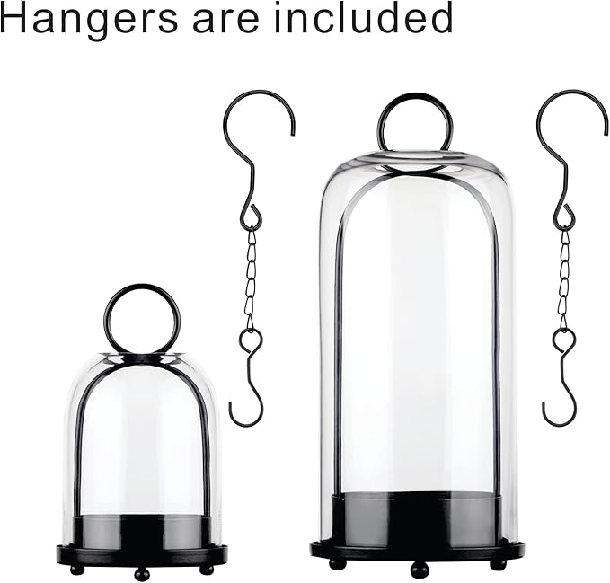 6" & 4" Wide Versatile Modern Metal Hurricane Lantern with Handmade Sturdy Glass Dome in Black for Pillar Candle & Plants, for Living Room, Porch, Mantel Decoration (Black, 4"x7.5" &6.3"x11.2")