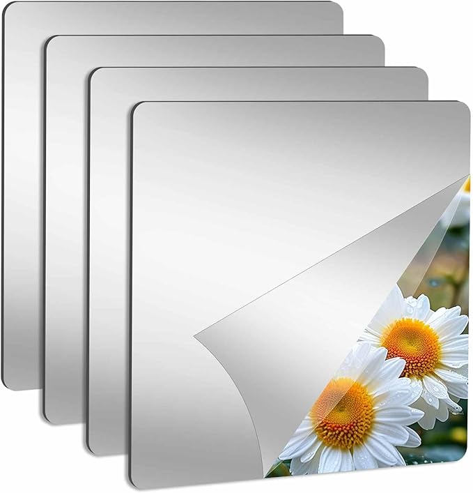 Abyssaly 4 Pack Acrylic Mirror Tiles, Stick on Mirrors for Wall, Flexible Plastic Mirror Sheets Wall Stickers Small Espejos for Bedroom Home Gym Door, 7.87" x 7.87"