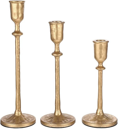 Antique Brass Iron Taper Candle Holder - Set of 3 Decorative Candle Stand, Candlestick Holder for Wedding, Dinning, Party