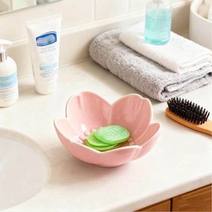 Pink Flower Ring Dish Jewelry Tray, Ceramic Jewelry Dish, Cute Small Trinket Tray, Nightstand Bathroom Decor Ring Holder, Jewlery Plate Bowl for Christmas Friendship Birthday Gifts for Women