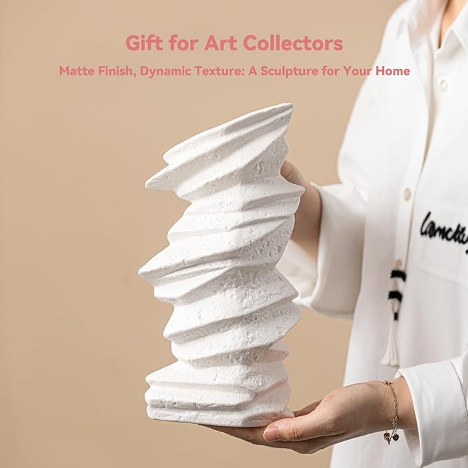 White Ceramic Vase with Spiral Wave Texture - 10" Unique Flower Vase for Pampas Grass & Centerpieces, Decorative Boho/Farmhouse Vase for Living Room, Office Desk & Housewarming Gift (for Her/Yourself)