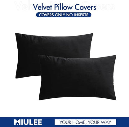 MIULEE Velvet Throw Pillow Covers 12x20 Inch, Pack of 2 - Black, Soft Solid Lumbar Decorative Pillow Covers Modern Luxury Home Decor for Chair Couch Sofa Bedroom Livingroom