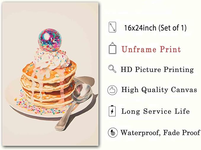 Vlolvfe Dessert Cake Wall Art Sweet Breakfast Poster Food Poster Dessert Painting Food Aesthetic Wall Art Trendy Disco Ball Picture Pink Disco Kitchen And Bakery Room Decor 16x24inch No Frame