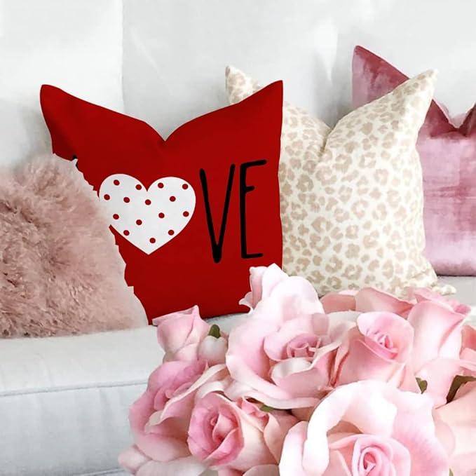 GEEORY Valentines Day Pillow Covers 18X18 inch Set of 4 for Valentines Decor Red White Stripes Dots Love Heart Valentines Day Throw Pillows Decorative Cushion Cases Valentine Decorations