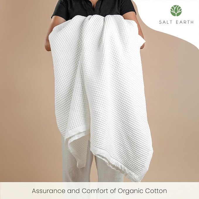 Salt Earth GOTS Certified 100% Organic Cotton Throw Blanket, 108" X 90" Waffle Blankets & Throws for Bed, Throw Blanket for Couch, Modern & Cozy Blanket, All Season, Comfy & Soft Blanket(Snow White)