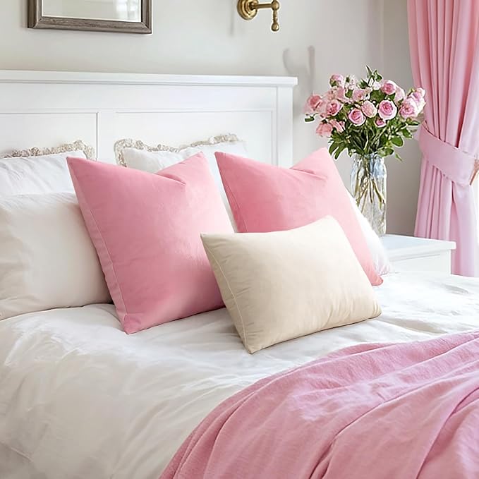 EMEMA Pack of 2 Velvet Throw Pillow Covers Decorative Square Pillowcase Soft Solid Cushion Case for Sofa Bedroom Chair Car 24x24 Inch Bright Pink