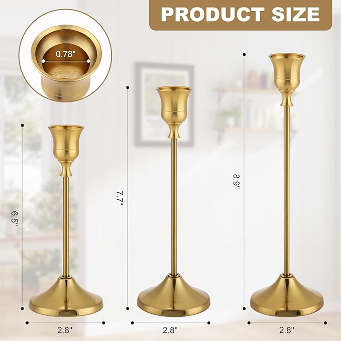 Candlestick Holders, 6PCS Metal Taper Candle Holder, Brass Gold Candle Holders for Candlesticks, Candle Holder for Wedding Fireplace Mantel Housewarming Gift