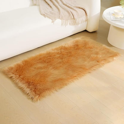 Fluffy Faux Fur Rug Brown Sheepskin Area Rug,2x4 Ft Ultra Soft Shaggy Plush Rug for Bedroom Bedside Living Room Nursery Kids Room