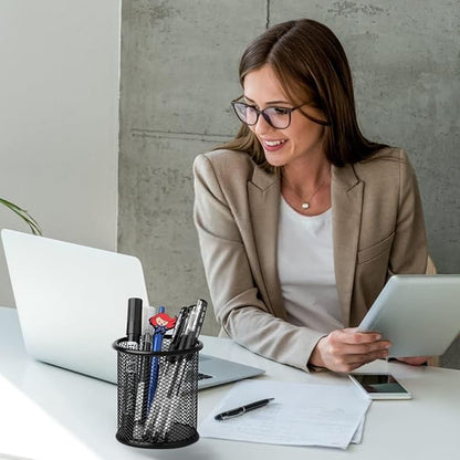 2 Pack Mesh Metal Pen Holder for Desk, 3.54×3.85IN Pencil Holder Workspace Organizers for School Office- Desk Accessories & Storage Products, Black
