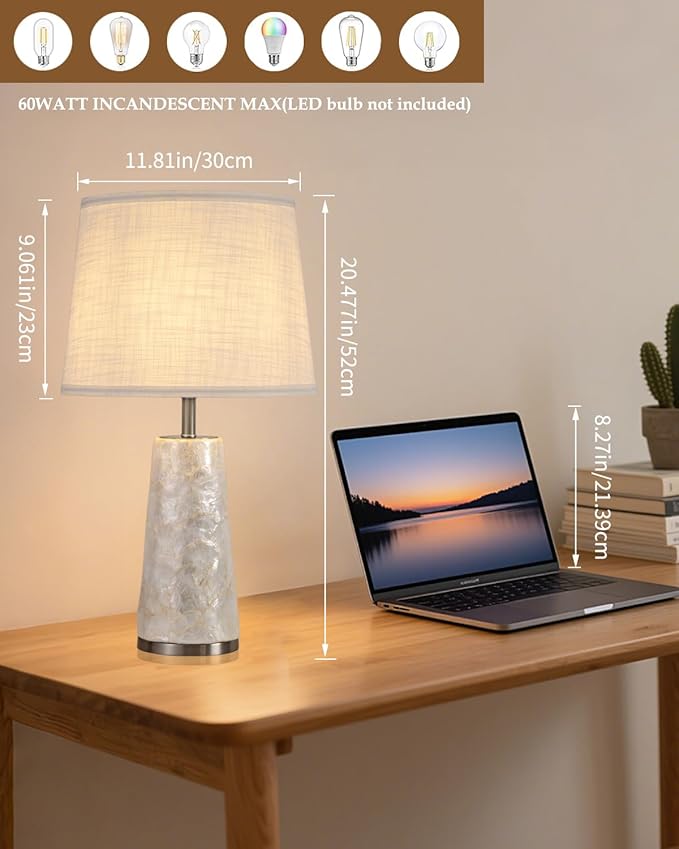 Coastal Table Lamps for Bedroom Nightstand Set of 2, Touch Control Ocean Beach Nautical Seashell Lamp, Modern Sea Shell Bedside Night Stands Light for Beachy Cottage Farmhouse Decor (Silver)