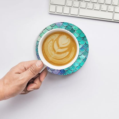 6 Pcs Ceramic Coasters with Holder Absorbent Drink Round Mermaid Fish Scales Design for Home Table Coffee Cup Wine Beer Bar,Size 4.4 inches
