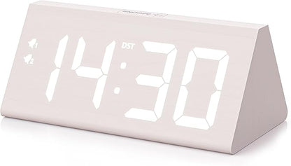 Wooden Digital Alarm Clock with Dual USB Charging Ports, DST, Dimmable, Snooze, Modern Large Time Display LED Clock for Kids Bedrooms, Living Room, Desk, Table, Bedside, Nightstand (White)