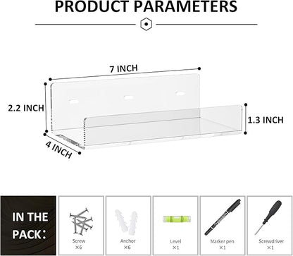 7'' Clear Acrylic Wall Shelf 2 Pack, Acrylic Floating Shelves, Acrylic Small Shelf for Books, Home Décor, Digital Clock, Speaker, Wine Bottle