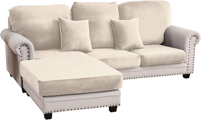 Couch Cover 3-Piece Elastic Velvet Couch Cushion Covers & Chaise Slipcovers for L-Shaped Sofas - Sofa Seat Covers Washable, Soft Protector for Couches (2 Seater + Chaise, Ivory)