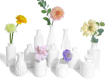 White Glass Bud Vases Set of 12, Mini Flower Vase for Centerpieces, Small Vases in Bulk for Wedding Decoration, Vintage Vase for Baby Shower Centerpieces, Home Décor