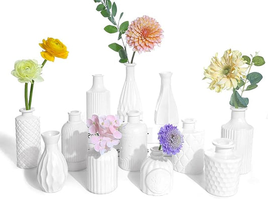 White Glass Bud Vases Set of 12, Mini Flower Vase for Centerpieces, Small Vases in Bulk for Wedding Decoration, Vintage Vase for Baby Shower Centerpieces, Home Décor