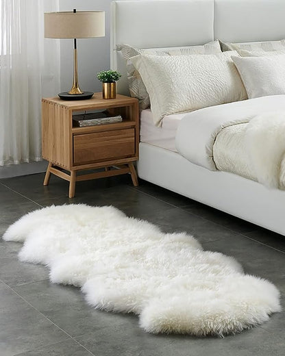 HUAHOO Premium Genuine Sheepskin Rug Real Australia Sheepskin Natural Luxury Fluffy Lambskin Fur Area Rug Seat Covers for Kids Bedroom Sofa Chair Cover Pets Dogs Mat Double Pelt/2' x 6' White/Ivory