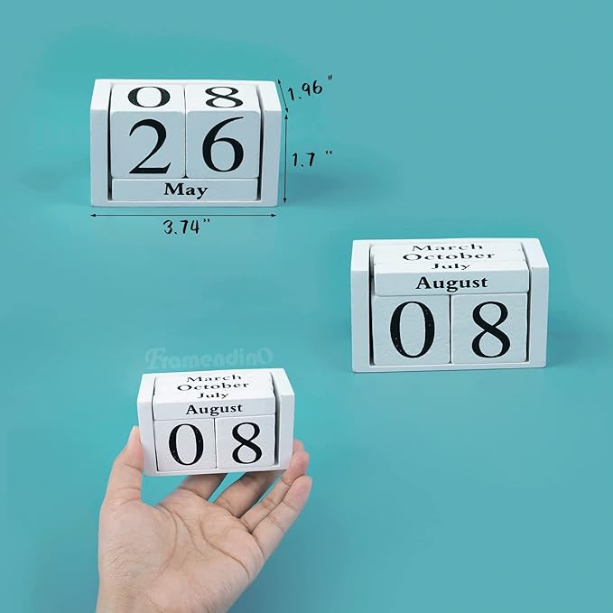 Framendino, White Vintage Wood Rustic Block Chic Perpetual Desktop Wooden Cubes Calendars for Home Office Desk Decoration