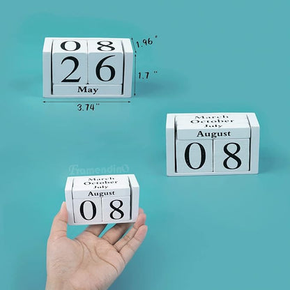 Framendino, White Vintage Wood Rustic Block Chic Perpetual Desktop Wooden Cubes Calendars for Home Office Desk Decoration