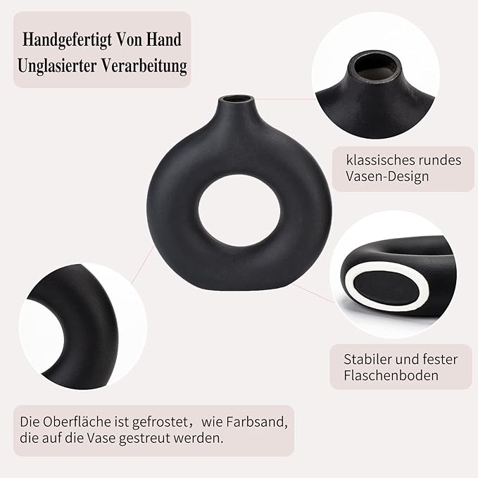 CEMABT Donut Vase Black Hollow Ceramic Vase for Flowers Handmade Minimalist Boho Style Decor for Wedding Dinner Table Party Living Room Office Bedroom