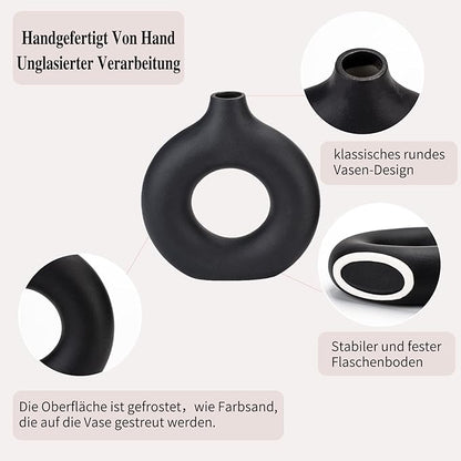 CEMABT Donut Vase Black Hollow Ceramic Vase for Flowers Handmade Minimalist Boho Style Decor for Wedding Dinner Table Party Living Room Office Bedroom