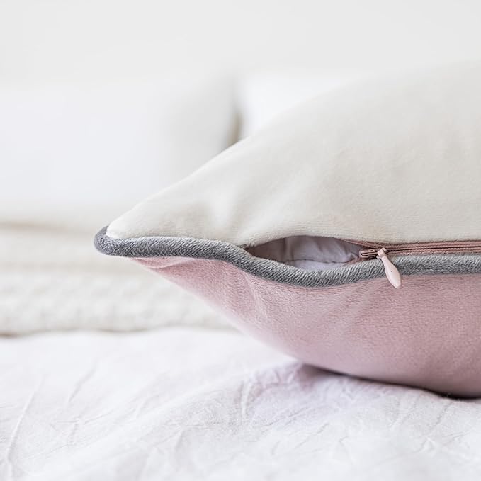 LIGICKY Pink and Cream White Velvet Throw Pillow Covers 18x18 inch, Set of 2 Modern Double-Sided Design, Soft Square Decorative Cushion Cases with Grey Rope Edging for Home Decor
