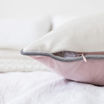 LIGICKY Pink and Cream White Velvet Throw Pillow Covers 18x18 inch, Set of 2 Modern Double-Sided Design, Soft Square Decorative Cushion Cases with Grey Rope Edging for Home Decor