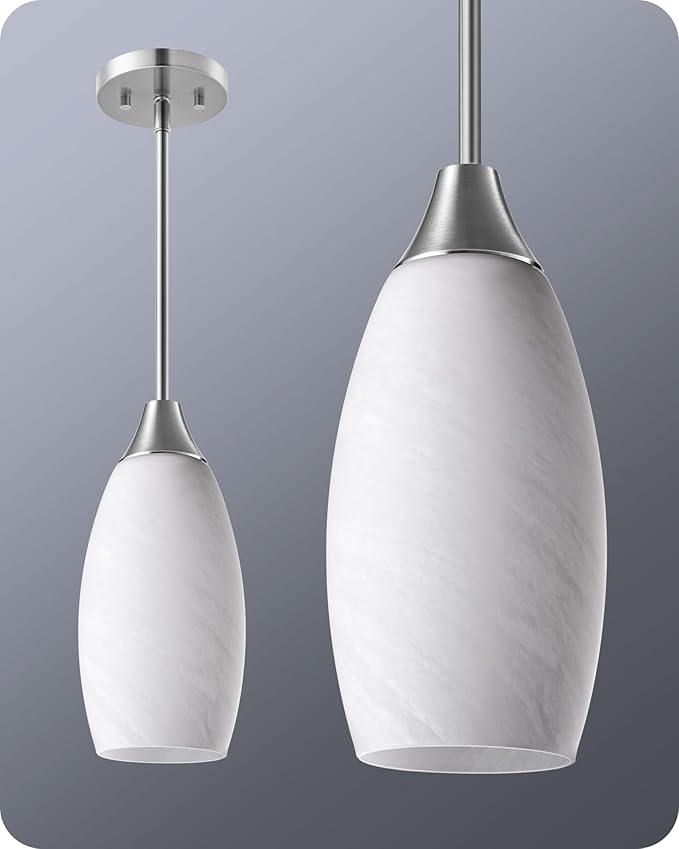 EDISHINE Pendant Light Fixture, Handcrafted Art Glass Hanging Light, Hardwired Ceiling Light, White Marble Glass Shade, Adjustable Brushed Nickel Rods, E26 Base, Pendant Lamp for Kitchen Bathroom Bar