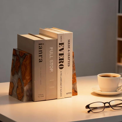 Resin Bookends Large Heavy Duty Bookends for Shelves, Unique Burl Wood Figure Book Ends for Study Office, Fancy Modern Decorative Book Supports for Bookshelf Organization (Pearlescent White)
