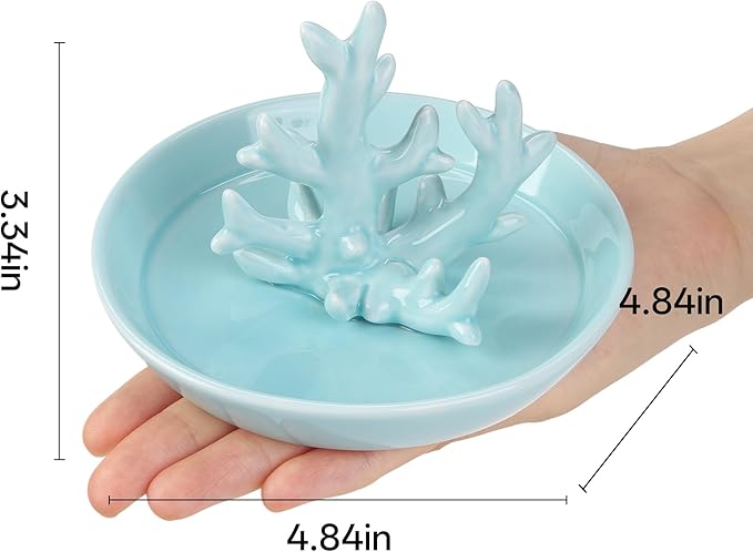 Potiera Teal Coral Jewelry Tray, Handmade Ceramic Coastal Decor, Decorative Ring Holder Trinket Dish for Earrings Necklaces Keys, Birthday Christmas Valentines Gifts for Women Friends Sister Mother