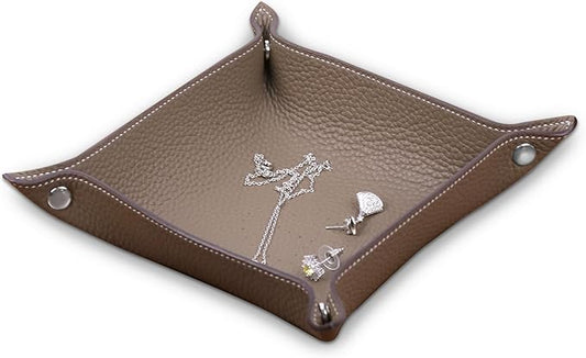 Genuine Cowhide Leather Desktop Storage Organizer - Bedside Vanity Tray, Catchall Nightstand Caddy for Phone, Wallet, Coin, Jewelry (Etoupe Grey)