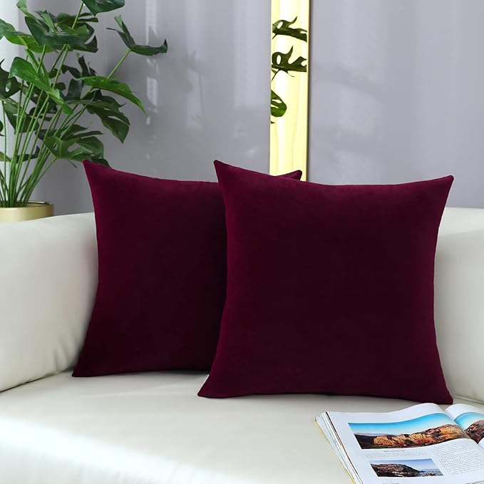 mixeoo Comfy Burgundy Red Throw Pillow Covers Decorative Square Solid Thick Velvet Super Soft Cushion Cases Home Decor for Sofa Couch Living Room Chair, Set of 1, 24 x 24 Inch