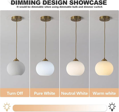 KCO Lighting Mid Century 1-Light Globe Pendant Light Industrial Vintage Brass Gold Pendant Lighting Fixture Kitchen Island Adjustable White Glass Hanging Ceiling Lights