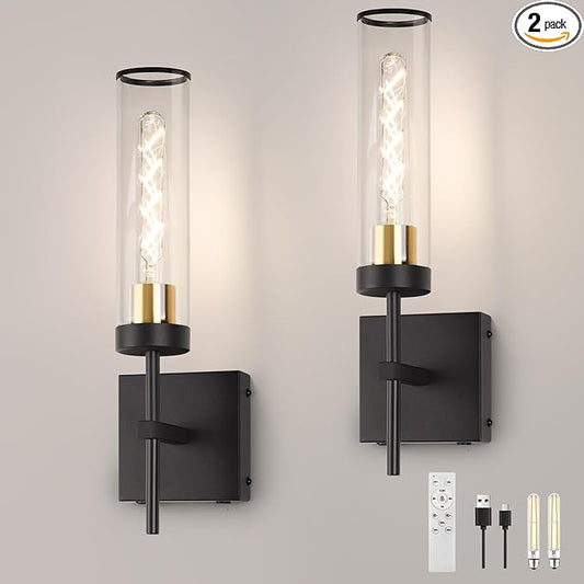 Wall Sconces,Battery Operated Wall Sconce 10400mAh Black and Gold Fast Chargin Endurance 150 Hours Infinitely Dimmable with Remote Control Wireless Wall Lights for Bedroom Living Room Hallway