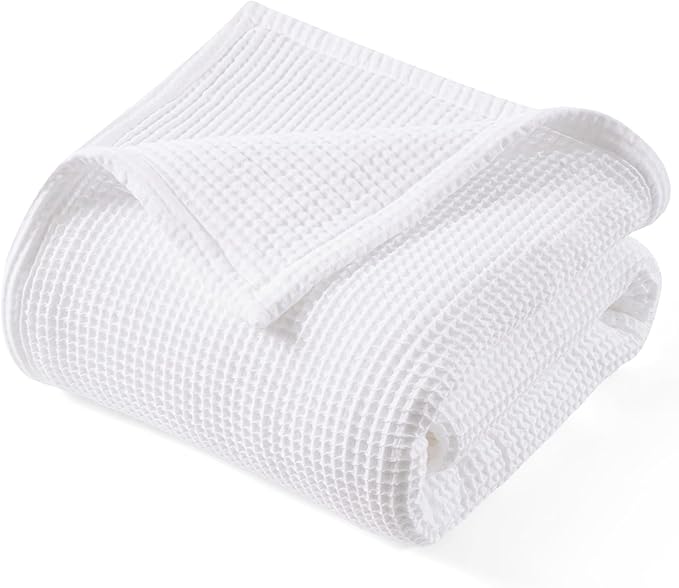 PHF 100% Cotton Waffle & Muslin Blanket Twin Size, Soft Breathable Luxury 400GSM Versatile Reversible Bedding for Bed, Great for Layering in Cold Weather, Home Decor Gift, 66" x 90", White