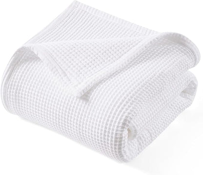 PHF 100% Cotton Waffle & Muslin Blanket King Size, Soft Breathable Luxury 400GSM Versatile Reversible Bedding for Bed, Great for Layering in Cold Weather, Home Decor Gift, 104" x 90", White