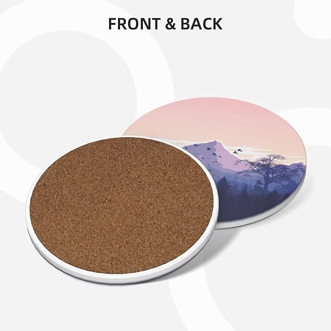 6 Pcs Ceramic Coasters with Holder Absorbent Drink Round Mountains Sunset Design for Home Table Coffee Cup Wine Beer Bar,Size 4.4 inches